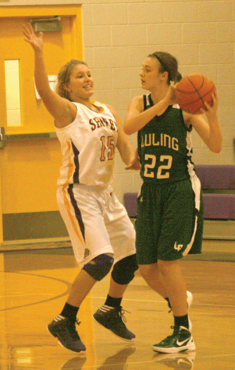Luling guard Carley Glass (22) had 25 points in the Lady Eagles’ loss to Hallettsville Tuesday. Lauren Oden (15) and the Shiner Lady Comanches hosted Hawkins Thursday night.
