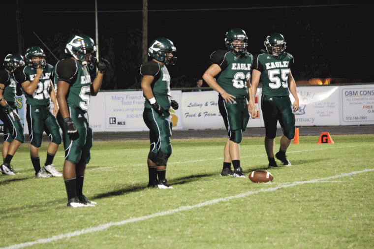 The Luling defense prepares to line up during a recent game. The Eagles limited Odem to 179 yards of total offense in a 39-7 victory over the Owls in a Class 2A-Division I bi-district playoff win Saturday in Beeville.