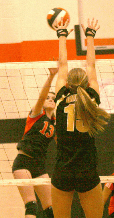 Gonzales middle blocker Allison Raley (13) finished her high school volleyball career with 15 digs, 12 kills and five blocks in the Lady Apaches’ 3-2 loss to Smithville Tuesday in Smithville.