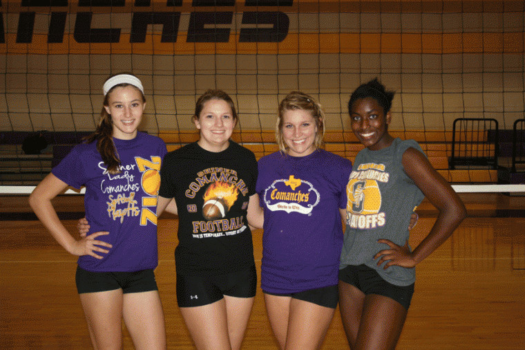 Shiner volleyballers (from left) Tabitha Blaschke, Emmalie Berkovsky, Lauren Oden and Amanise Coleman head to the football sidelines on Friday nights to cheer the Comanches to victory.