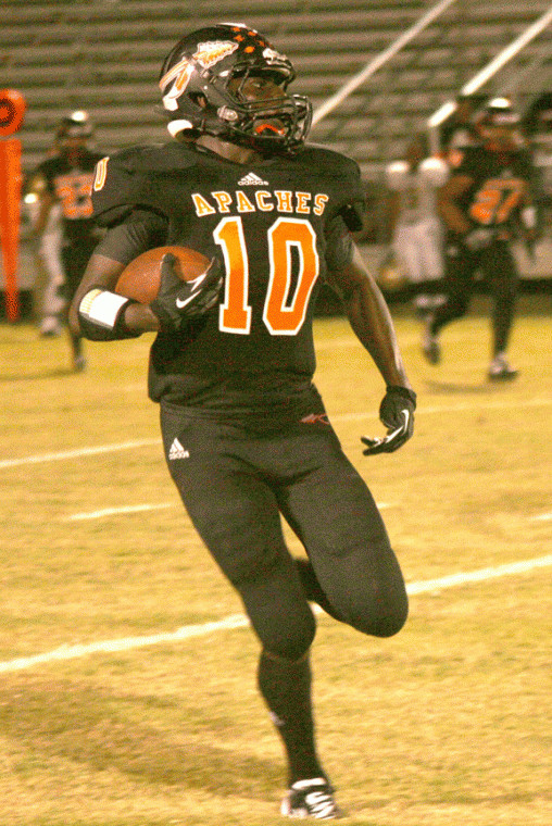 Gonzales defensive back Darrance James returns an interception during the second quarter of the Apaches’ 48-7 rout of Austin Lanier Friday at Apache Field. James also caught three touchdown passes on Friday.