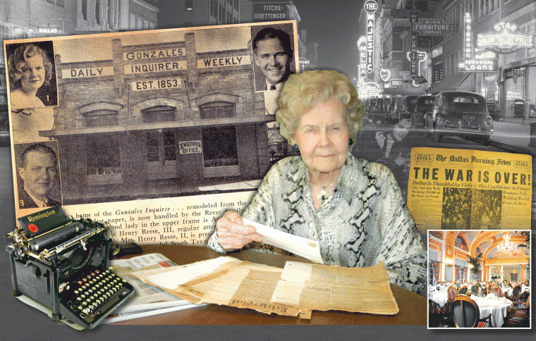 Annie Laura Reese Forshagen reviews old clippings from The Gonzales Inquirer. In background clipping, Annie is in top left corner referred to in the caption as “the good looking blond lady.” Inset photo: interior of Adolphus Hotel where Annie cultivated some of her stories for The Dallas Morning News. Background: downtown Dallas in the 1940s.