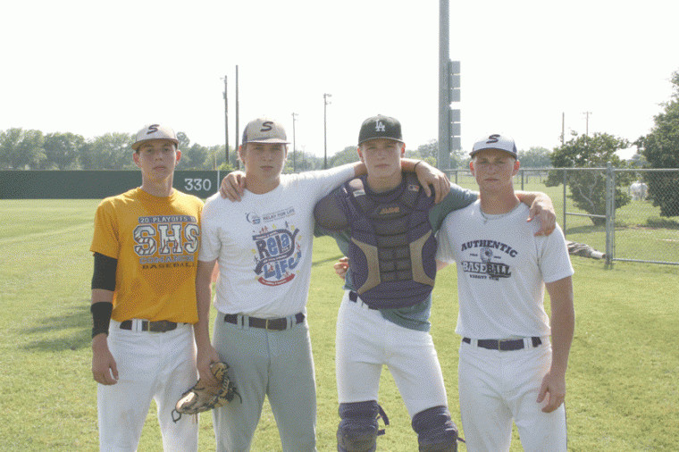 From left, Brady Cejka, Ky Sandelovic, Zach Reese and Jacob Stafford give the Shiner baseball team pitching depth envied by many of their opponents. All four pitchers have participated in no-hitters this season.