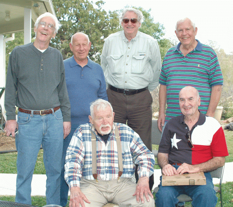 Former NASA colleagues (seated, from left) John Llewellyn and
"Dutch" von Ehrenfried, and (standing) Jerry Bostick, Ed Fendell,
Ken Young and Charlie Parker got together recently for a reunion at
John Llewellyn's rural Gonzales County home.