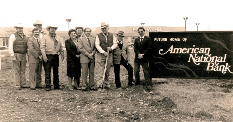 The board of directors of American National Bank breaks ground on their building on Feb. 2, 1984. Pictured from left are Zane Briscoe, Norman Burns, Lavo Briscoe, Bill Christian, Joan Floyd, Doyle Colwell, Jack Mills, John Paul Jones, Mayor Carroll Wiley and Chamber of Commerce and Agriculture Director Wayne Ellison. 