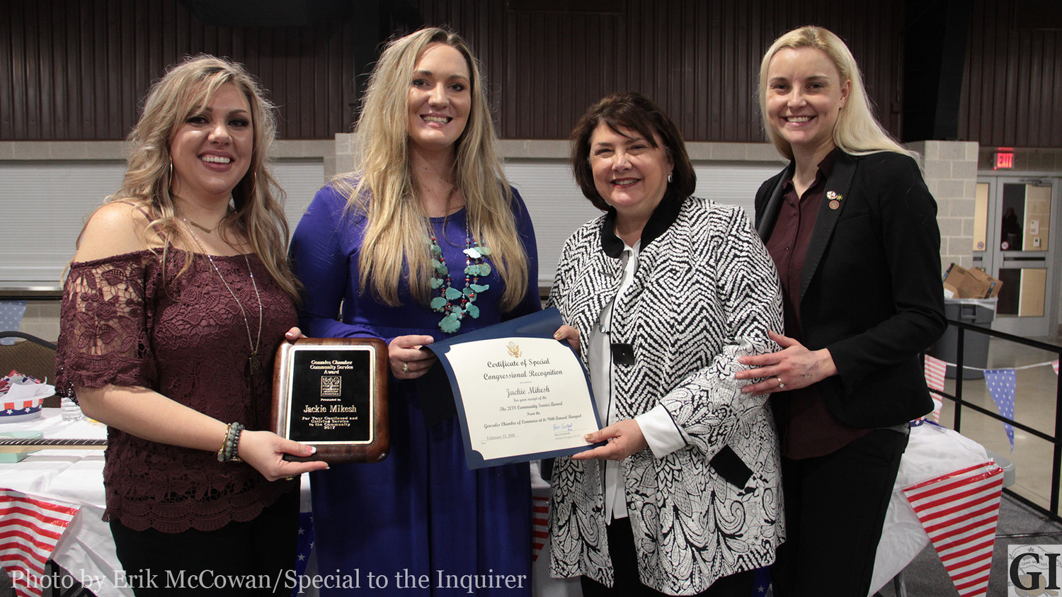The Gonzales Chamber of Commerce held their annual chamber banquet, celebrating past, present and future board members as well as announcing the winners of two awards including the Community Service award, received by Jackie Mikesh.