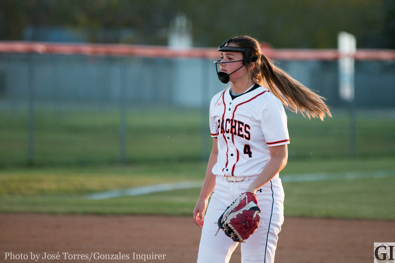 The Lady Apaches are attacking this season with a young group of athletes, including starting pitcher Ashleigh Luensmann (4). Gonzales lost their district game against Navarro 14-0.