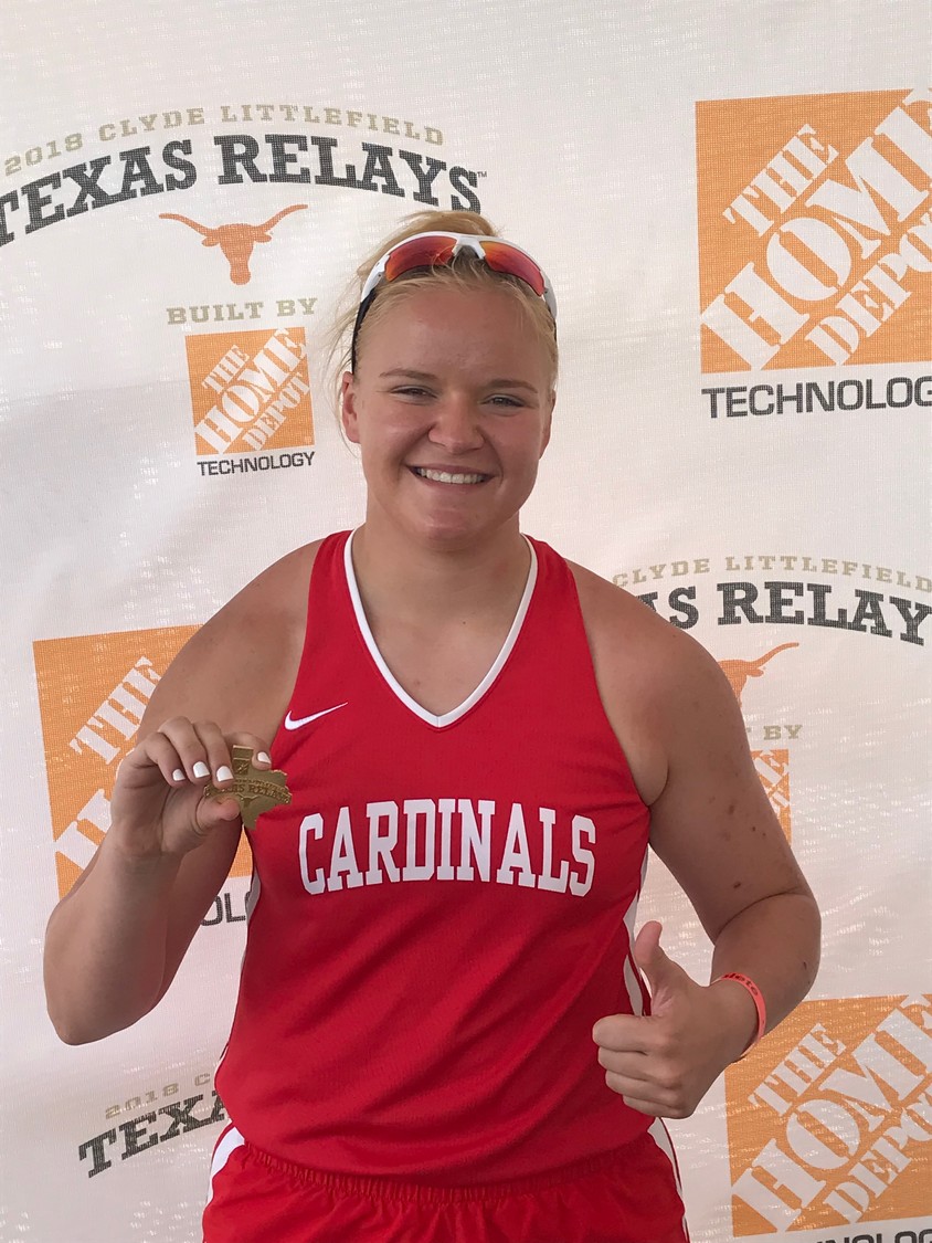 Shiner St. Paul’s Parker Clay won gold at the 91st Clyde Littlefield Texas Relays over the weekend. Clay shows off that medal she won in girls shot put at the Mike A. Myers Stadium in Austin.