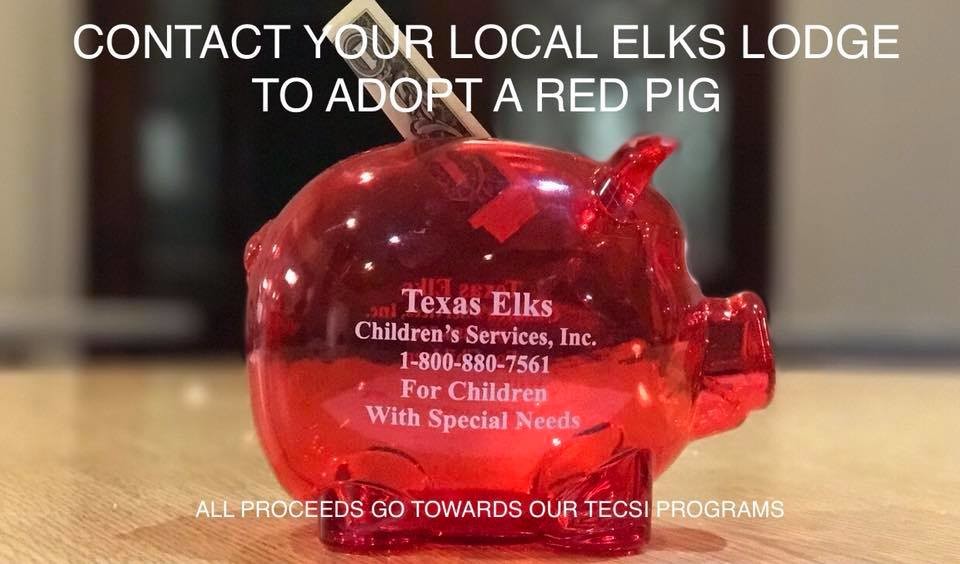Contact your local Elks Lodge to adopt a red pig, to help donate money that will go toward Texas Elks Children’s Services Inc. programs.