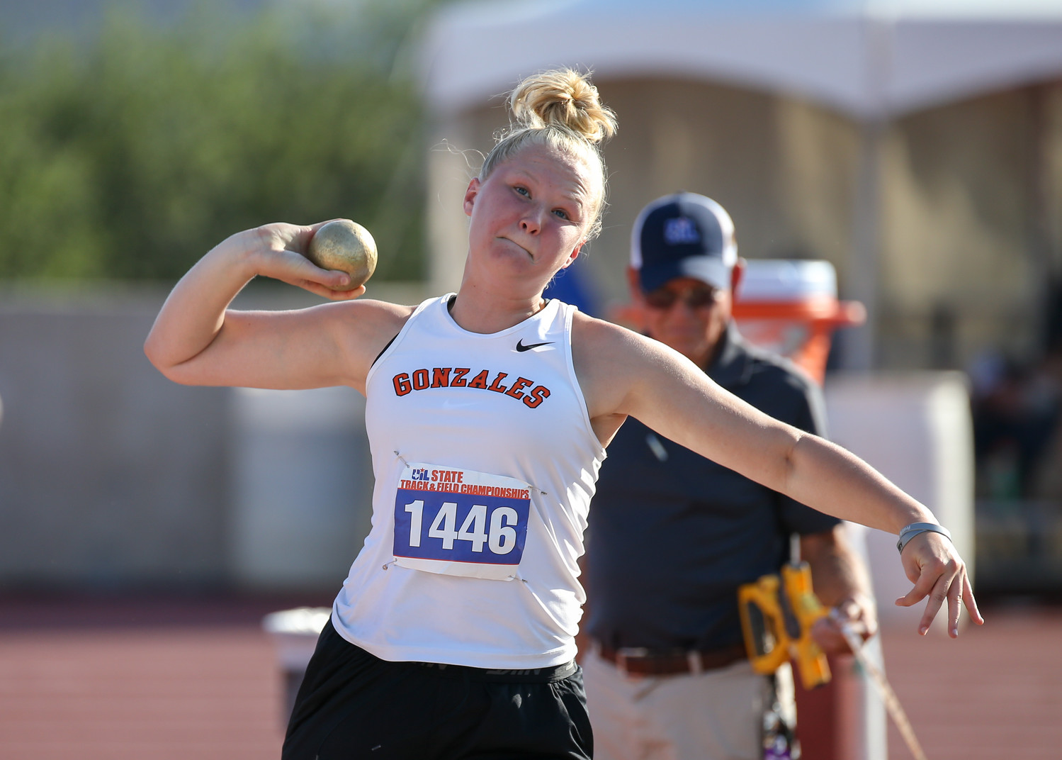 Devon Williams of Gonzales High School competes in the Class 4A girls shot put event at the UIL State Track and Field Meet at Mike A. Myers Stadium in Austin, Texas on Friday, May 11, 2018.