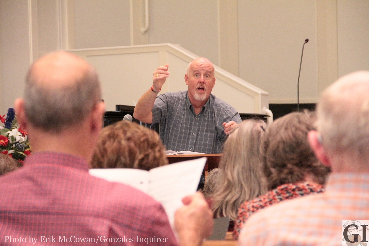 Worship Pastor Kevin Hoggard of Gonzales First Baptist Church leads the Glory Bound Singers in rehearsals on a recent Monday night. The “senior adult” choir will perform a slate of tunes this Sunday at 6 p.m.