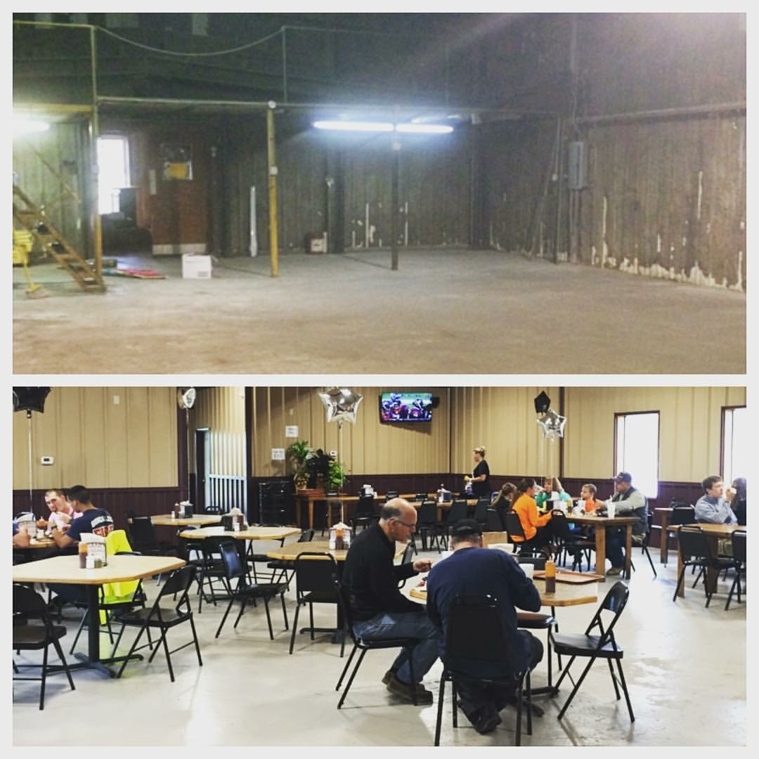This is what the Baker Boys building looked like when first purchased in 2014, top photo. Bottom photo is a snapshot of the dining area today.