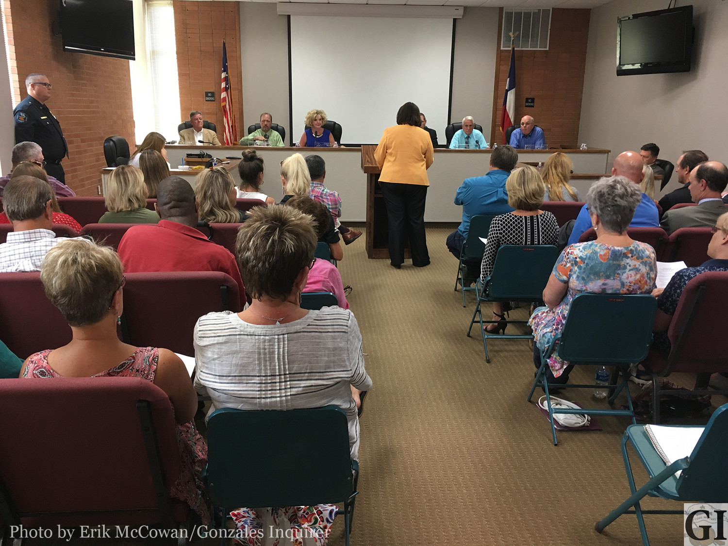 Last Thursday's Gonzales city council meeting was quite the show, with over an hour dedicated to public comments and much more given to hammering out a lease agreement between the city and the Victoria College-Gonzales Center campus. Here, Campus Manager Jackie Mikesh takes the podium to start the public comments section as council looks on.