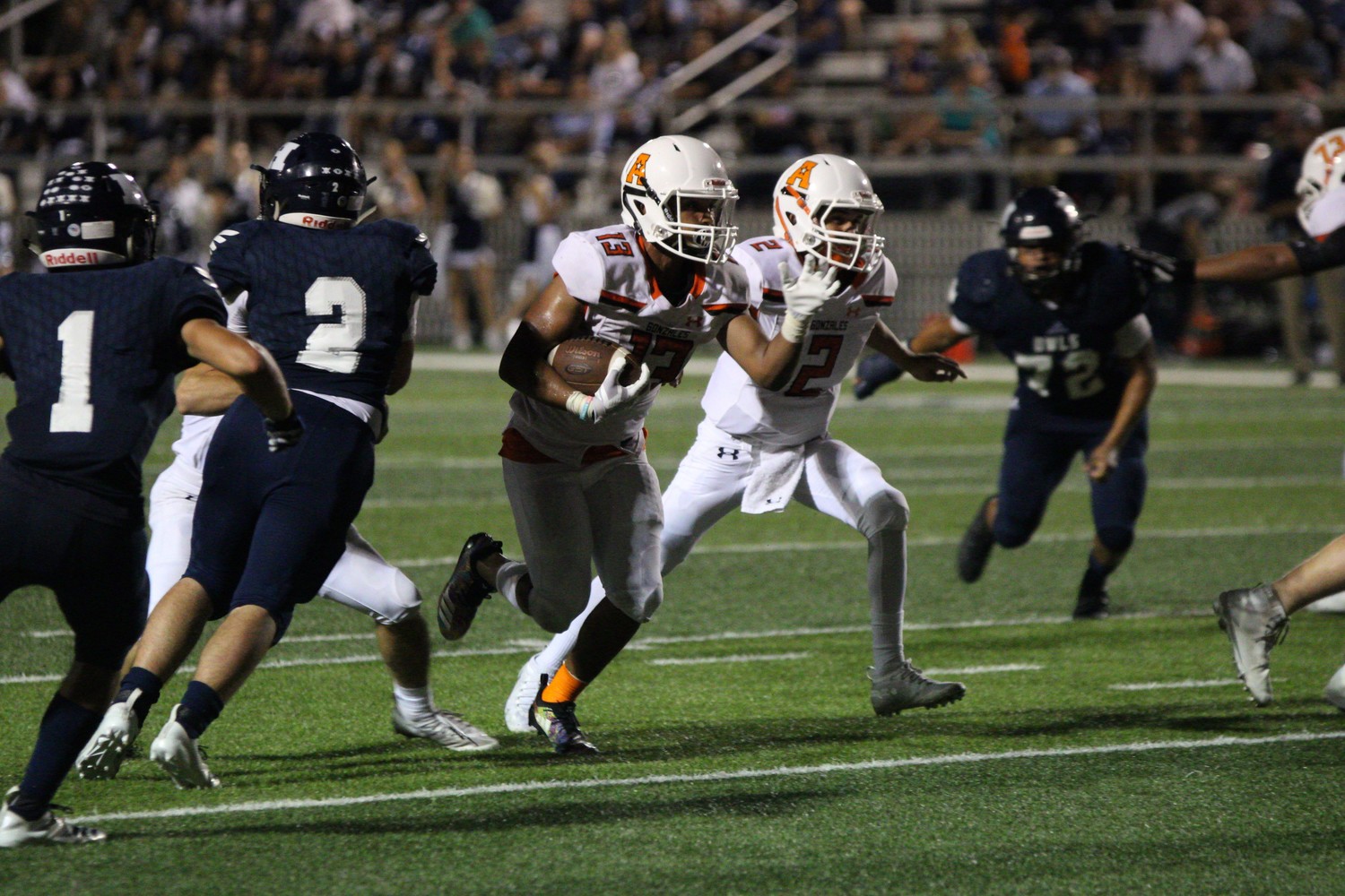 James Martinez (13) gets in the end zone for the Gonzales Apaches. Gonzales won 24-14 over Hondo