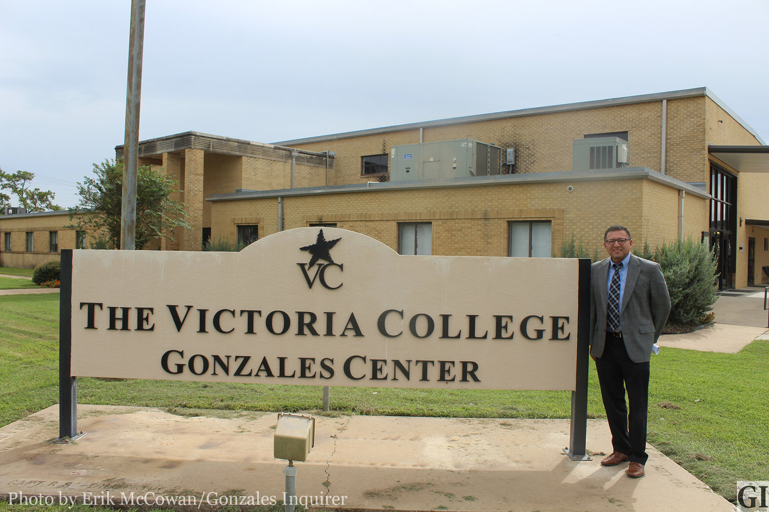 Since 2007, Victoria College’s presence in Gonzales has helped many citizens and area businesses. Manager Vince Ortiz stands proudly in front of the Gonzales Center marker on Monday afternoon.