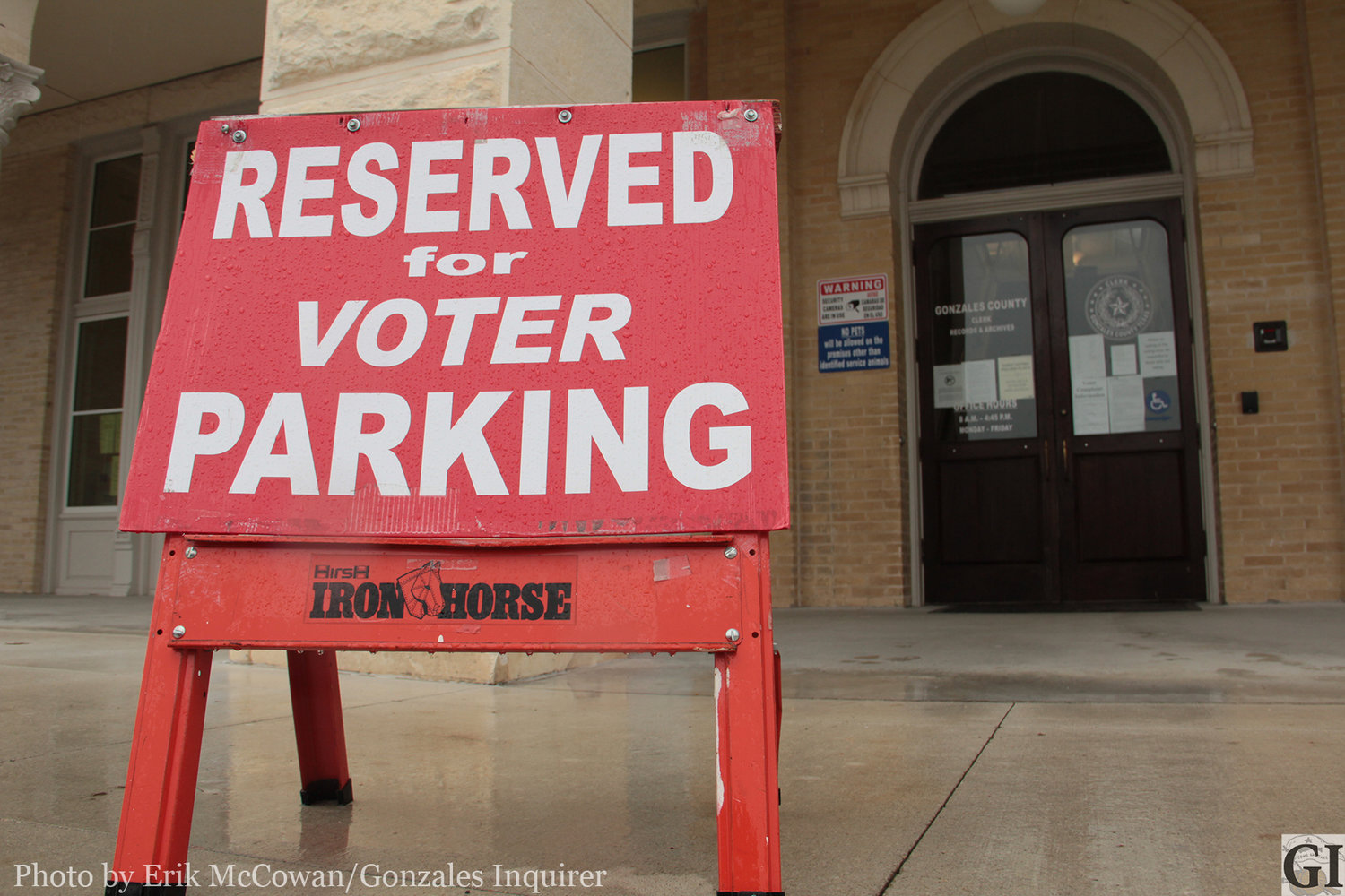 Gonzales County has rolled out the red carpet for early voting, or at least the reserved parking spaces. People met poll workers on Monday, with lines said to be inching out the door of the Randle-Rather Bldg. Wednesday was a little slower, likely because of the dreary conditions.