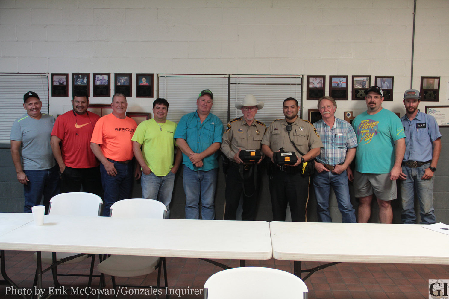 Members of Gonzales County Rescue and the Gonzales County Sheriff’s Office gather to show off some new AED devices.