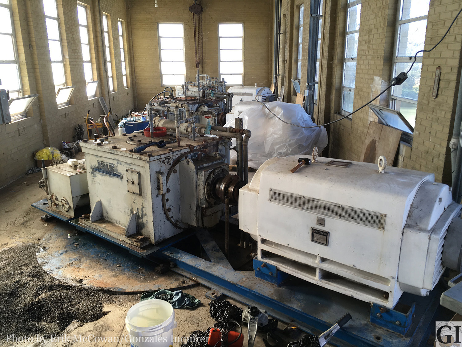 The main house at the dam holds three identical electrical generating units that will be removed and shipped to Georgia for repairs. The large box to the left is the gear box, and the electric generators sit to the right.