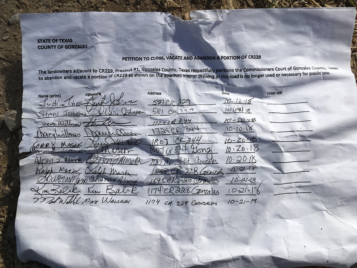 The petition that was submitted for the closure of CR 229 holds 10 signatures.