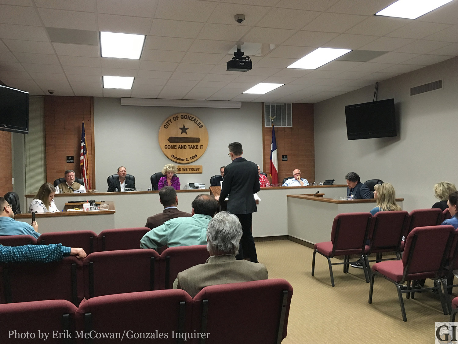 Joel Gammage of Hat Rod Productions informs the Gonzales city council of his scheme to uproot his car show from Lockhart to Gonzales this February.