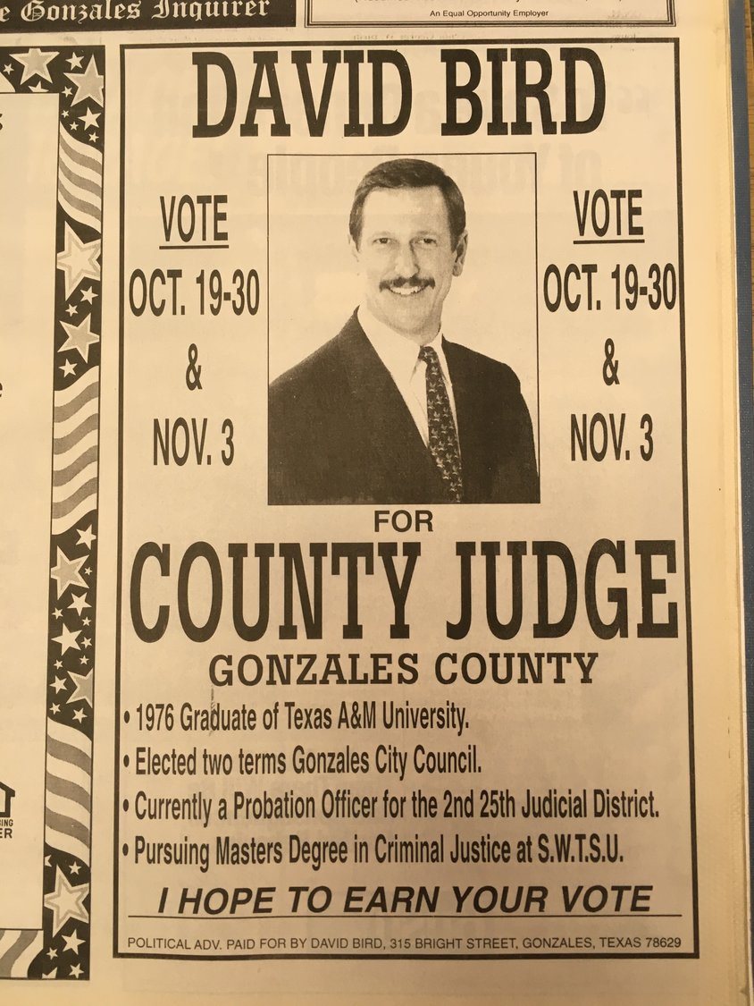 David Bird was still all smiles back in 1998 when he first ran for county judge. Monday was his last day in office after 20 years guiding Gonzales County.