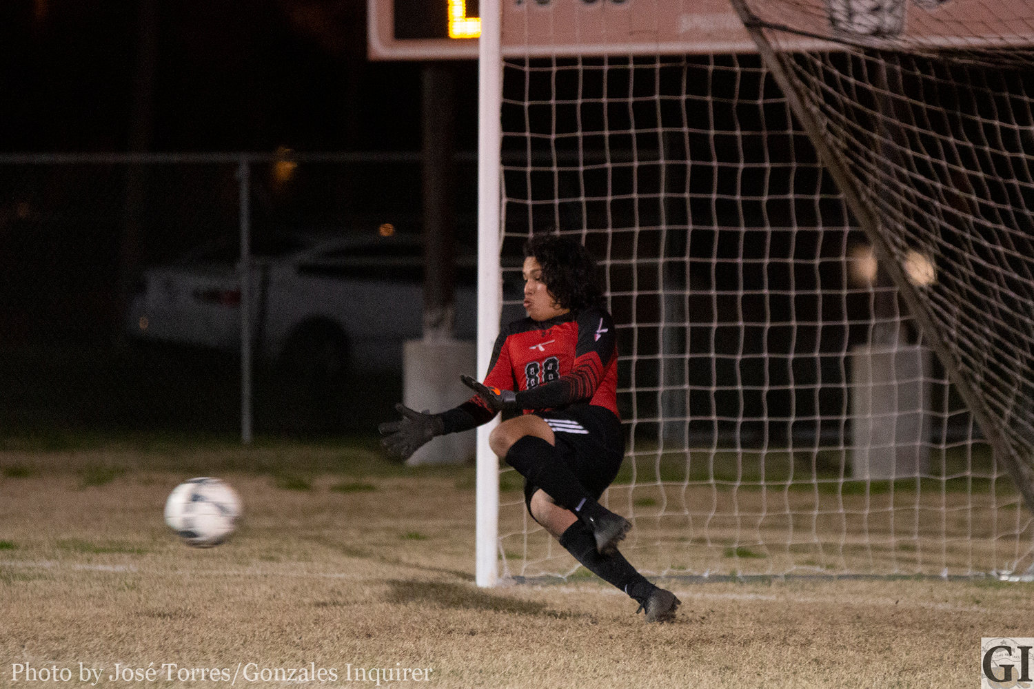 Luis Hernandez (88) dives for a save during penalty kicks against Canyon Lake.