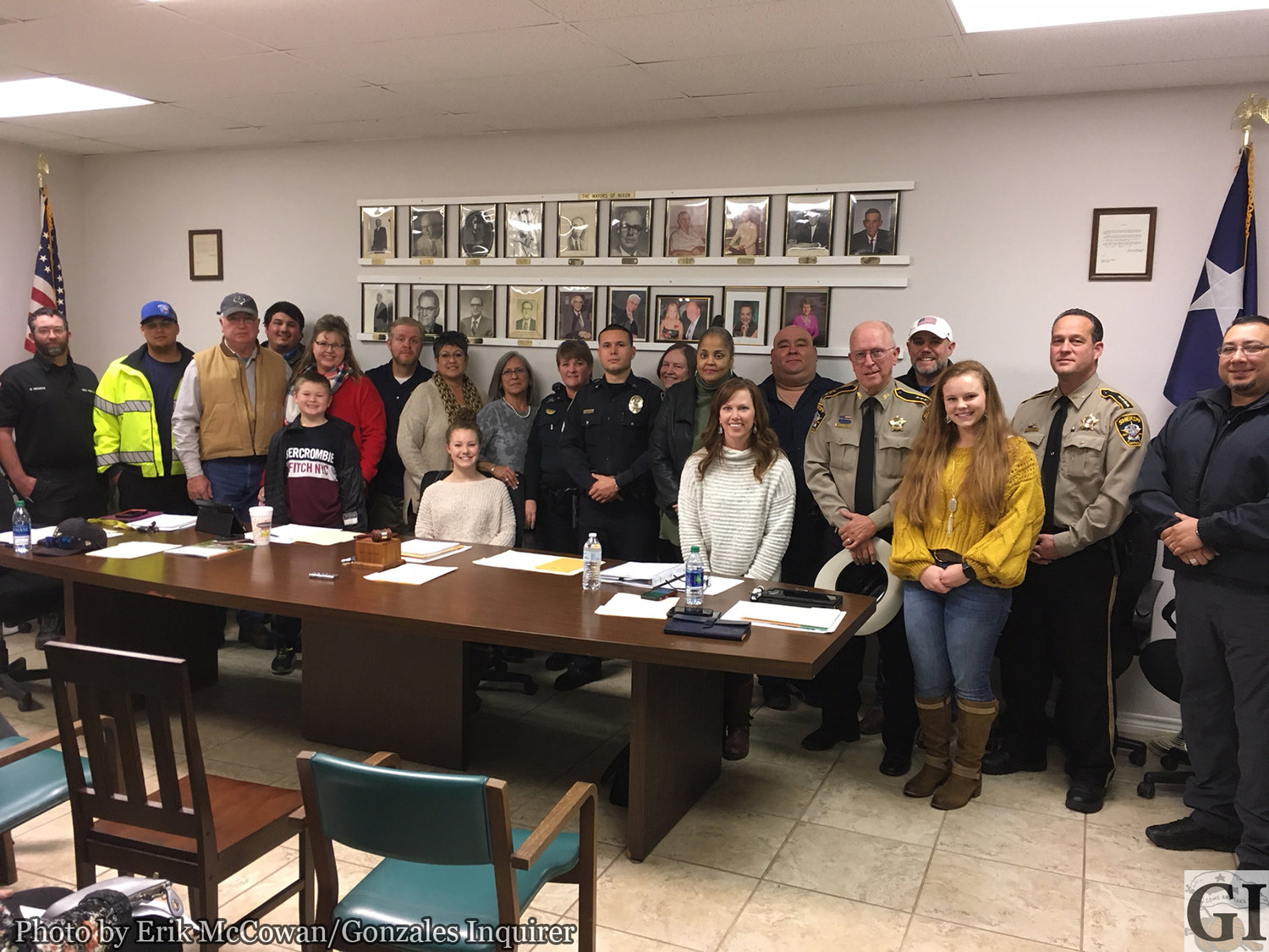 The City of Nixon issued a proclamation for Grace Morgan Day at their Monday night meeting. Morgan was the linchpin of a toy drive this past holiday season that brought gifts to children across the county who otherwise might have gone without. Here council, the Nixon Police Department, Gonzales County Sheriff's Department, Gonzales County EMS, and assorted officials took time to thank her for her efforts. Morgan is seated behind the gavel in the mayor's chair.