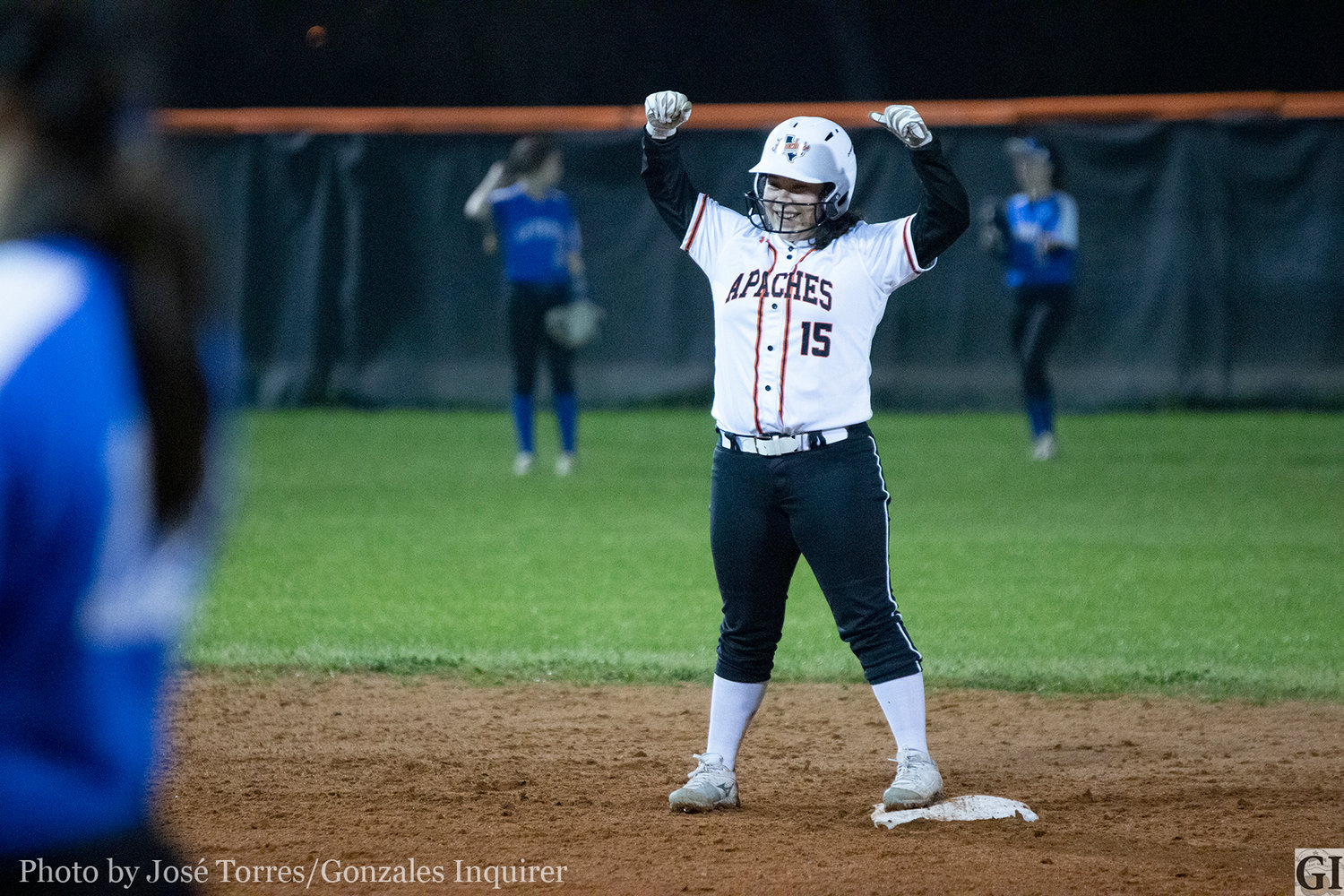 Freshman Josselyn Estrada (15) celebrates an RBI double that sparked a scoring run in the bottom of the second inning for the Lady Apaches. Gonzales would lose 27-5 against La Vernia last Friday.