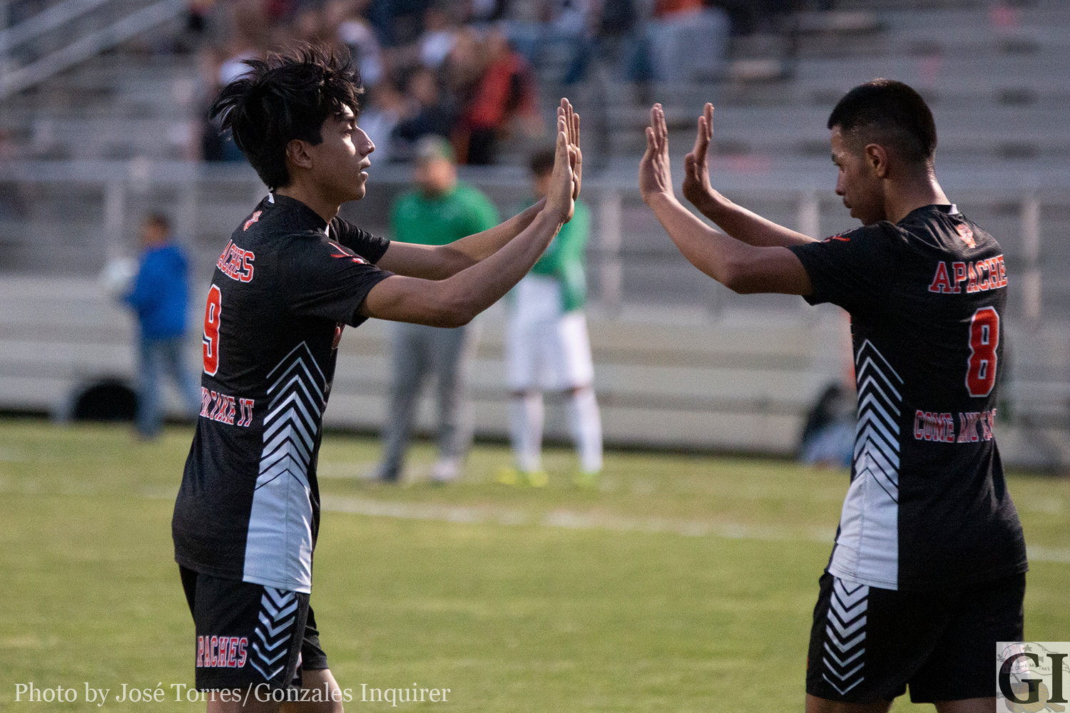 Adrian Rodriguez (9) and Antonio Hernandez (8) connected for a goal, celebrating during the first half of Gonzales' 7-1 win over Pleasanton.
