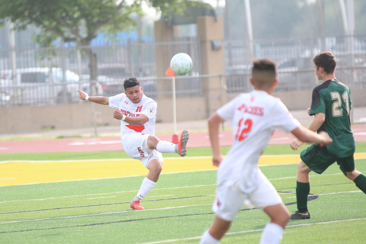 Julian Matamoros (11) clears the ball down the field in the second half of Gonzales’ 2-1 loss. Matamoros and the rest of the defense kept Canyon Lake out of their net until the last 13 minutes of game clock.
