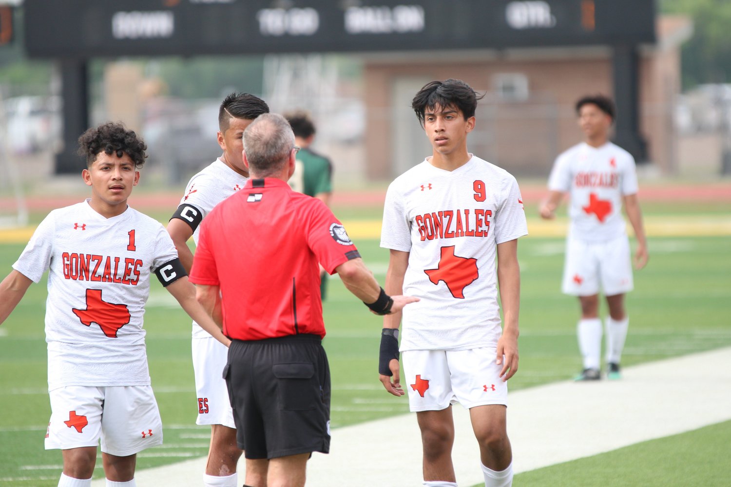 The head official had multiple conversations such as this one with players on both teams throughout the game. Five yellow cards were administered in Canyon Lake’s 2-1 victory over Gonzales.