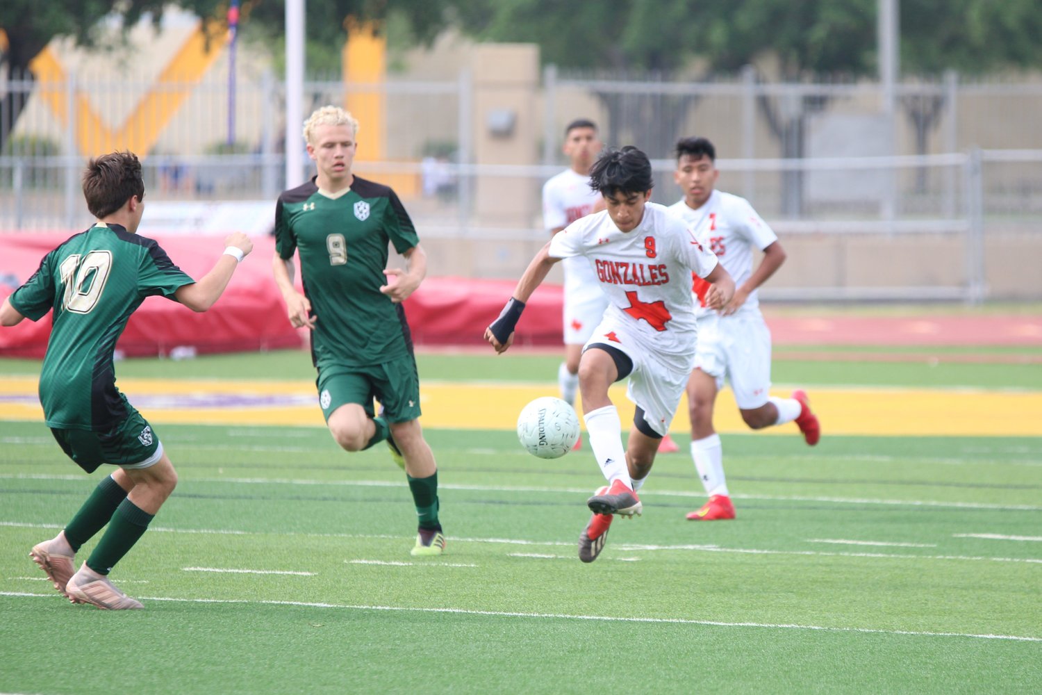 Adrian Rodriguez (9) scored a goal within four minutes of game clock in the Apaches 2-1 loss against Canyon Lake in McAllen on Friday, April 12.