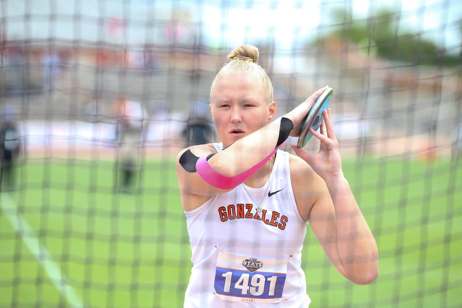 Devon Williams of Gonzales High School competes in the Class 4A girls discus event at the UIL State Track and Field Meet on Saturday, May 11, 2019 at Mike A. Myers Stadium in Austin, Texas.
