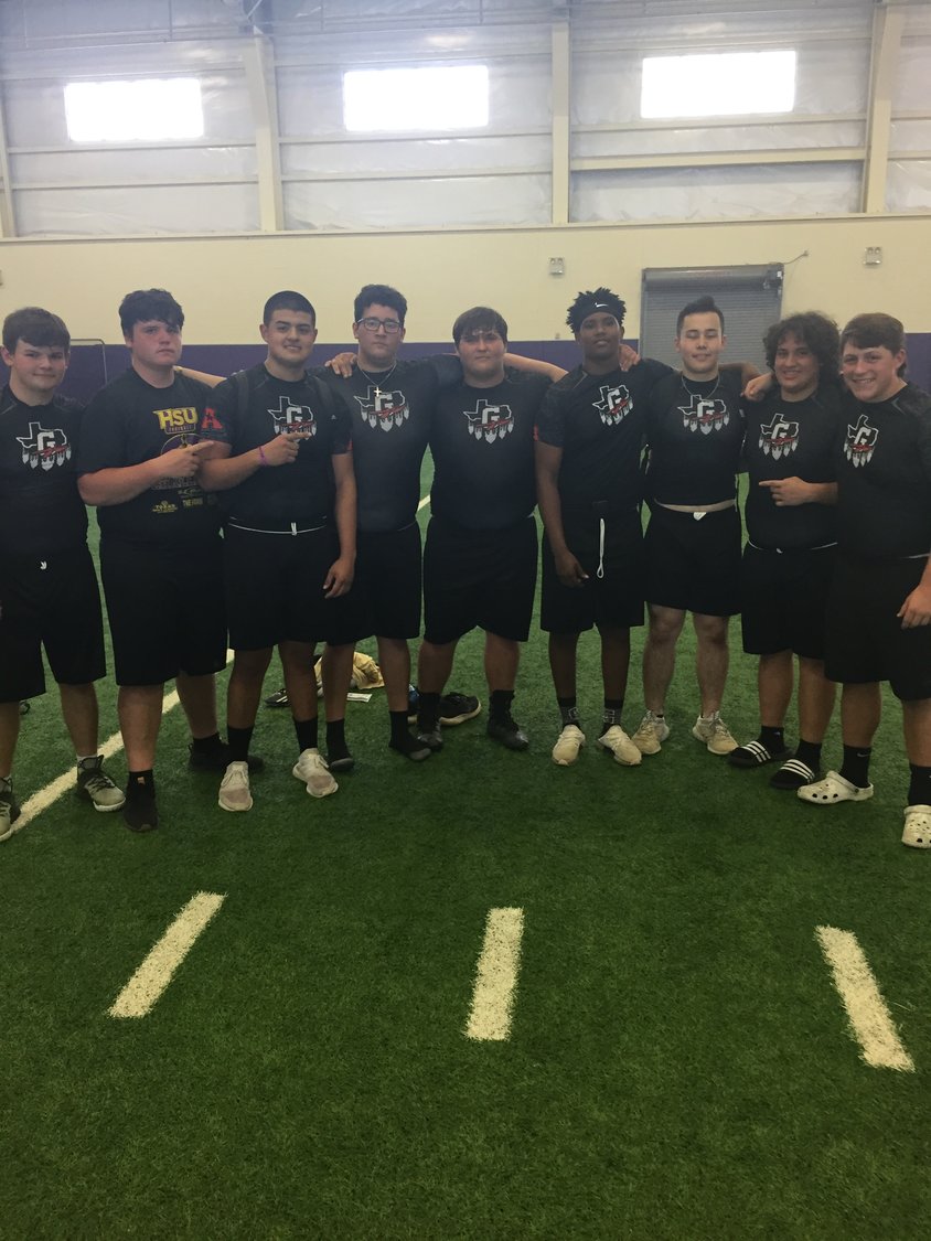 Pictured (from left) are the Gonzales Apaches linemen who competed and then qualified for the statewide challenge, Brady Oakes, Brett Jahns, Christian Almaguer, Ryan Gomez, Coby Pruett, Desmond Bolden, Lion Williamson, Nico Anzaldua and Austin Cummings. Not pictured is Diego Diaz de Leon.
