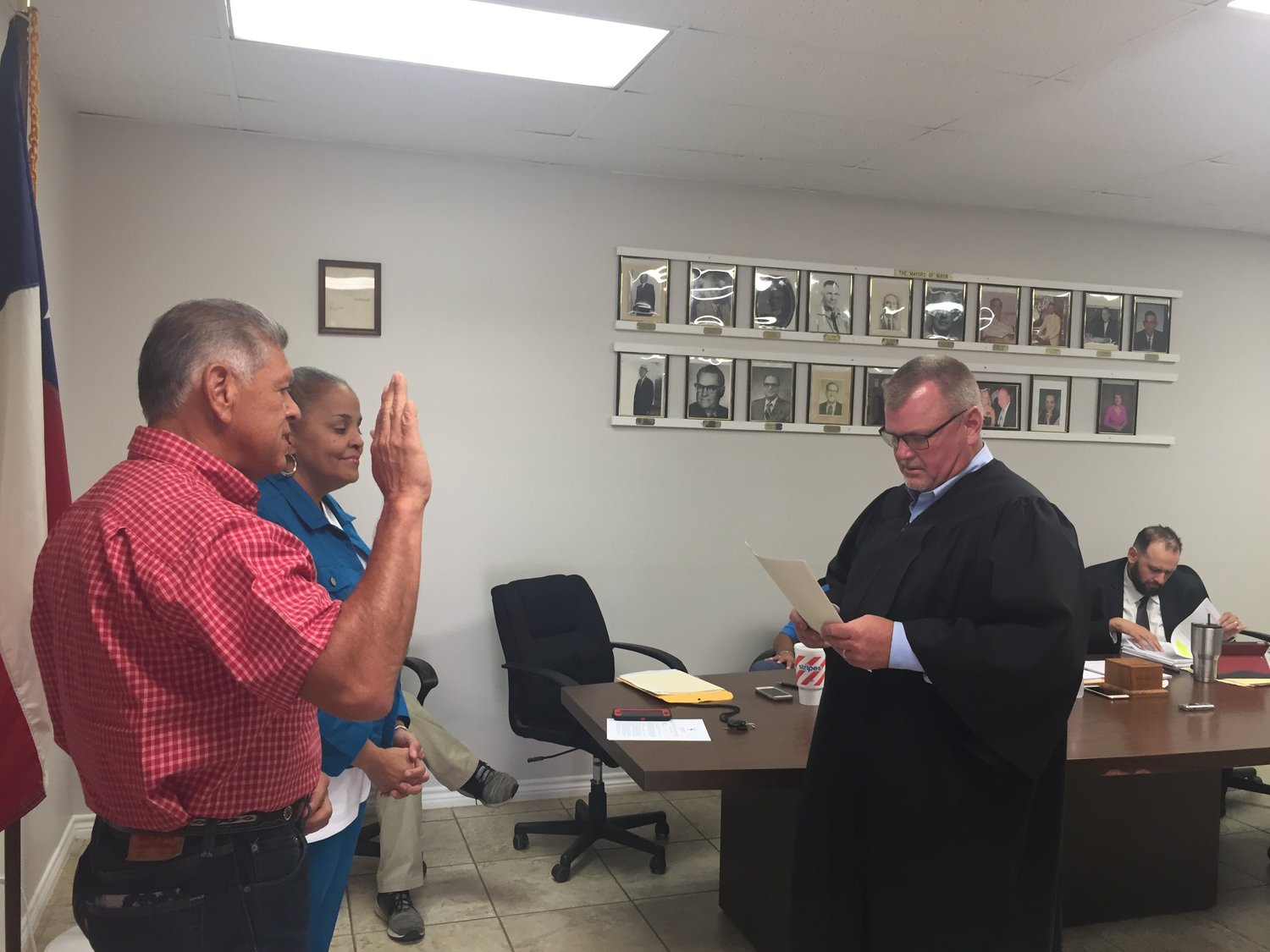 Mary Ann Fatheree and Estevan “Steve” Aguirre were sworn into office June 10 by Precinct 4 Justice of the Peace Darryl Becker. Fatheree won reelection while Aguirre, the top vote getter in the election, defeated incumbent Joseph “Joey” Bjorgaard and other candidates to become a Nixon Alderperson.