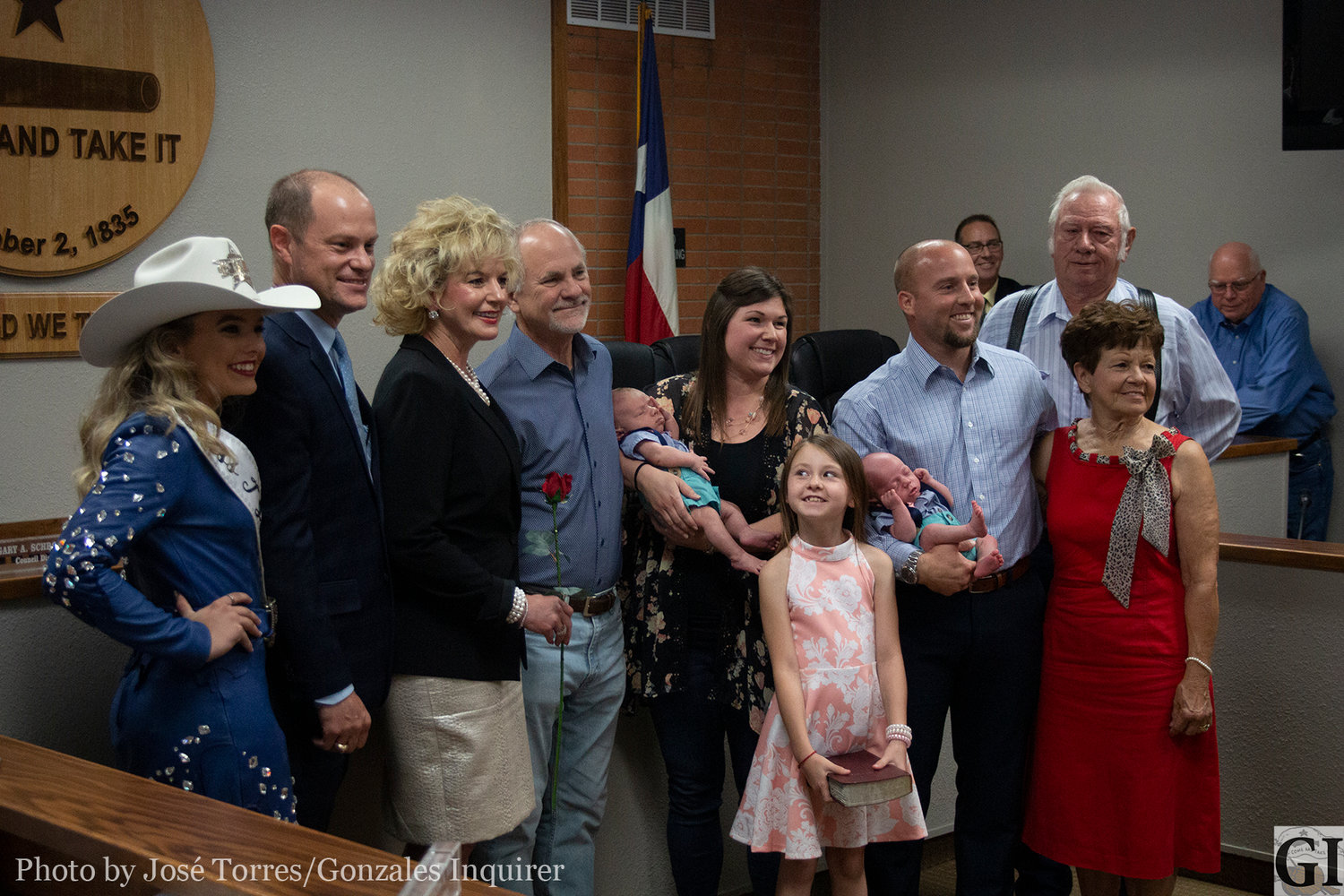 Gonzales Mayor Connie Kacir was officially sworn in for her second term by Rep. John Cyrier (R-Lockhart). Pictured are Kacir, Cyrier and Kacir's family.