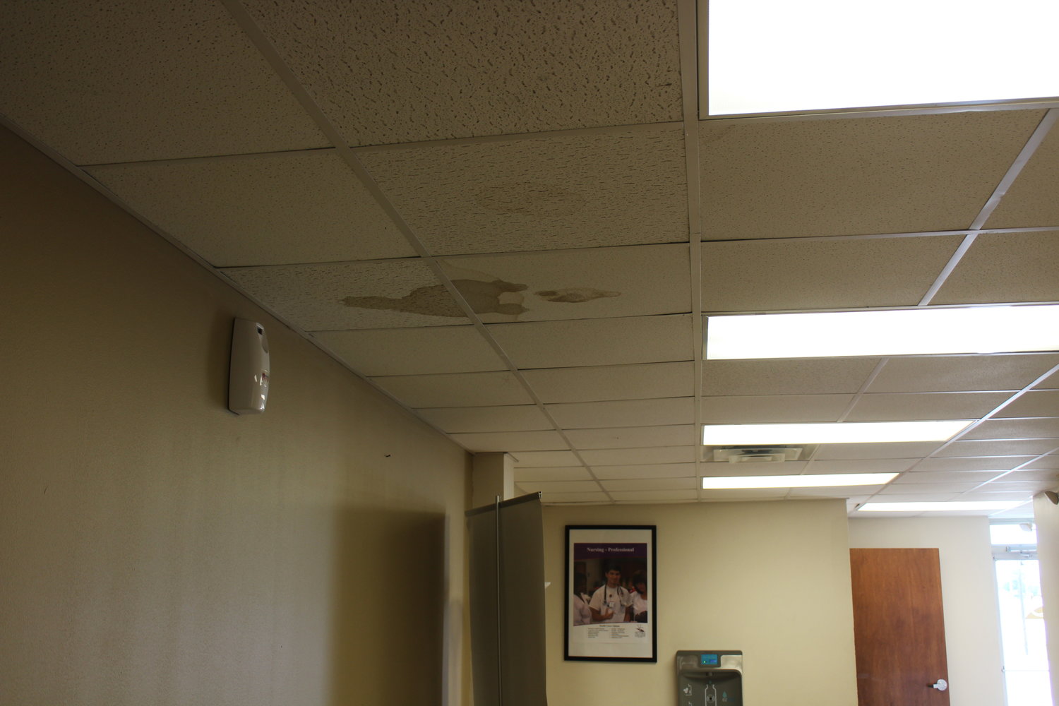 Though Victoria College maintenance staff is usually quick to replace water-stained roof tiles, some still remain. All tiles pictured above are featured in the Victoria College Workforce Training Facility, the building of interest at Gonzales city council’s meeting June 13.