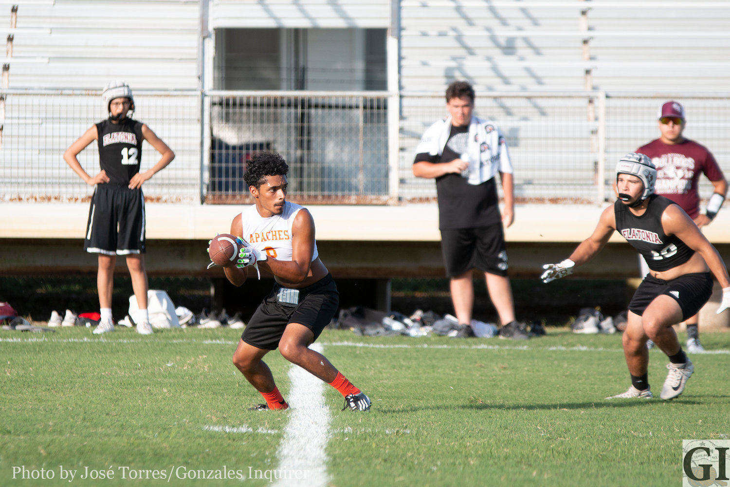 The Gonzales Apaches hosted a 7-on-7 football event at Apache Field on Tuesday, competing against Luling and Flatonia during the exhibition. The athletes have competed all summer long in 7-on-7 competitions in hopes of getting the timing right between quarterbacks and their receivers.