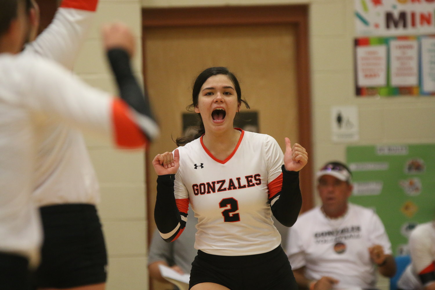 Madison Pirkle celebrates a point during Gonzales’ game against Sonora at Wimberley’s Tex-Fest volleyball tournament.