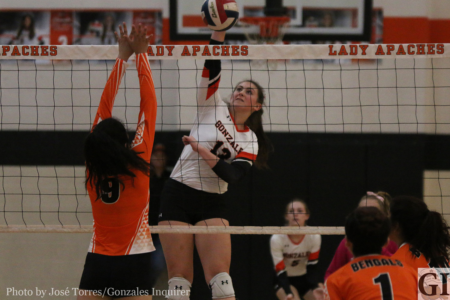 Hayley Sample (13) goes up for a kill in Gonzales' three-set victory over SA Brooks Academy, (25-4, 25-5, 25-10).