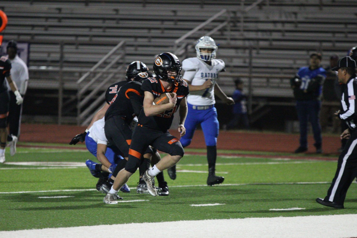 Starting quarterback Heath Henke (23) made his way into the end zone four times in Gonzales’ 48-27 victory over Grulla. 