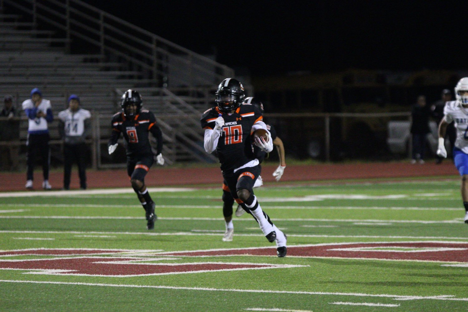 Arbreyon Dora returns an interception in Gonzales’ 48-27 victory over Grulla. Dora was everywhere Friday night, scoring on offense, defense and on a two-point conversion. 