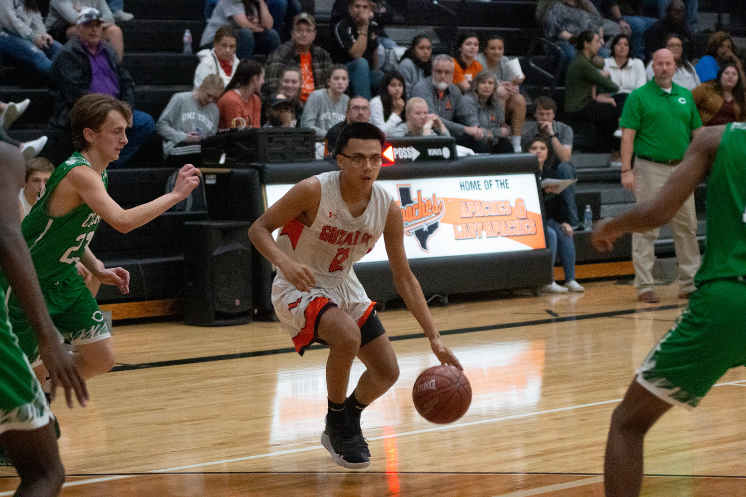 Sophomore guard Xavier Aguayo (2) led the team in scoring with 15 points in Gonzales’ 53-43 loss against Cuero last Friday.