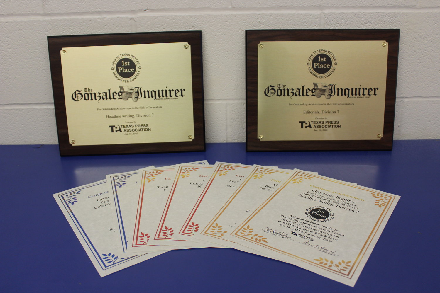The Gonzales Inquirer came away with eight different honors in the 2018-19 Texas Press Association Better Newspapers contest.