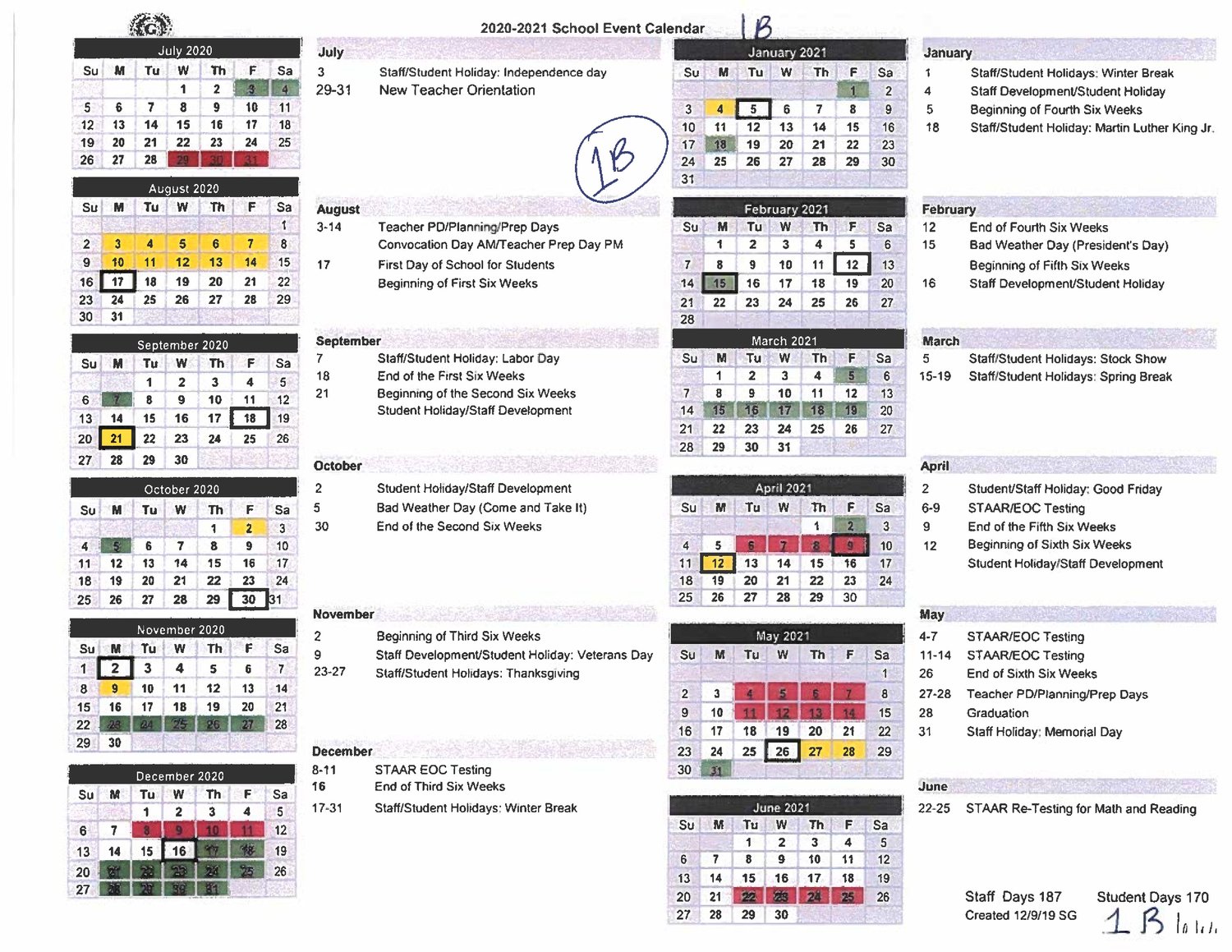 Approved Gonzales ISD 2020-21 calendar