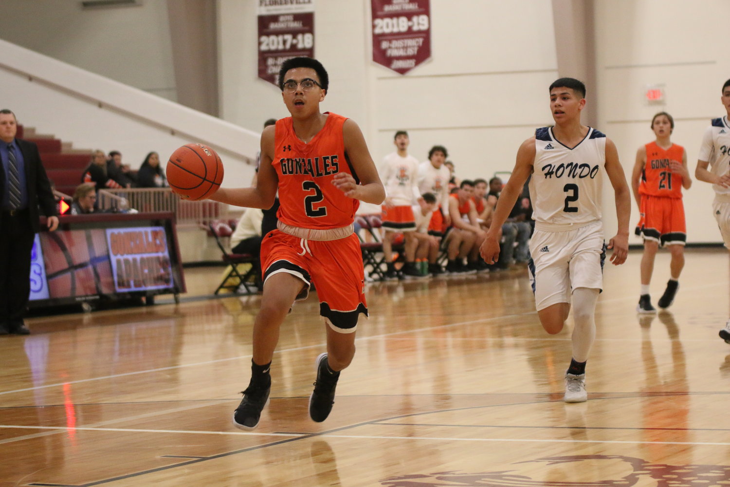 Xavier Aguayo (2) led the team in scoring with 18 points in Gonzales' 68-63 overtime victory over Hondo.