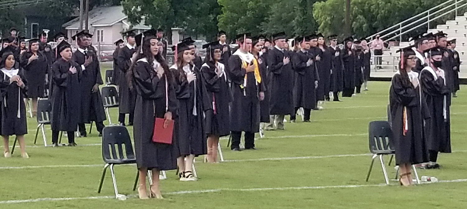 Social distancing was one of the many safety requirements for the Gonzales High School Class of 2020 during the graduation ceremony Friday evening at Apache Field. Despite the disruption by the COVID-19 pandemic, the class was able to reunite for the last time before moving on from high school.