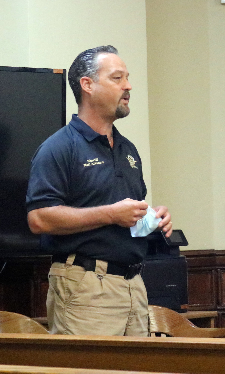 Sheriff Matthew J. Atkinson gives a report Monday to the Gonzales County Commissioners Court. He talked about the handling of events surrounding Friday’s Juneteenth celebration. “It goes to show what we can do when we cooperate. It’s a lesson on how to do and handle events like that,” he said.