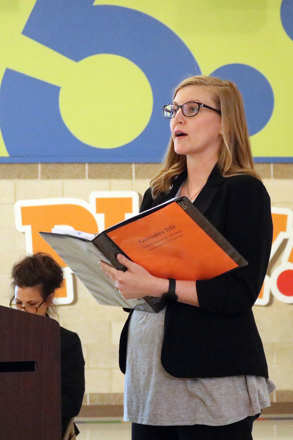 Gonzales ISD Chief Financial Officer Amanda Smith discusses tax rates and setting a date for a public hearing during Monday’s special board meeting.