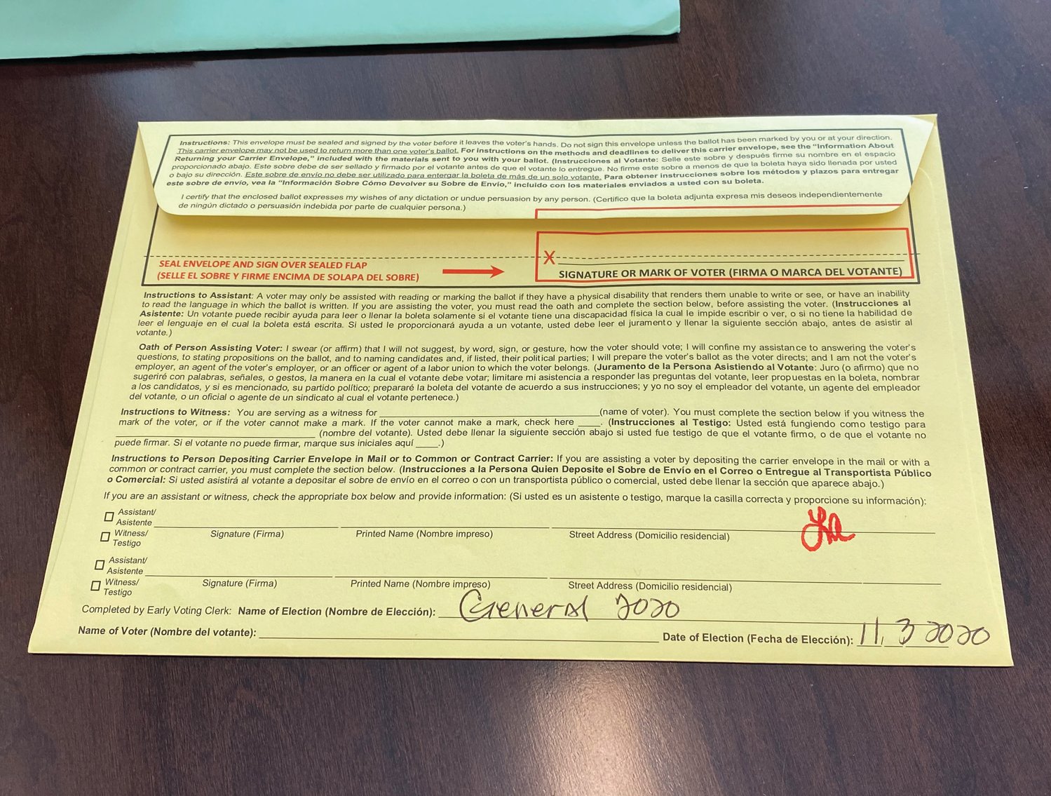 Corrected ballots will have a red “LA,” which are the County Clerk’s initials, stamped on the ballot itself as well as its envelope. A notice detailing the mistake and instructions for how to proceed is also included.